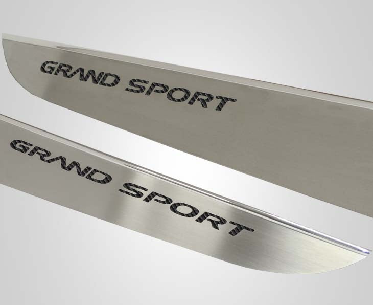 Light Gray 2010-2013 C6 Corvette - Door Guards with Grand Sport Inlay 2Pc - Brushed Stainless