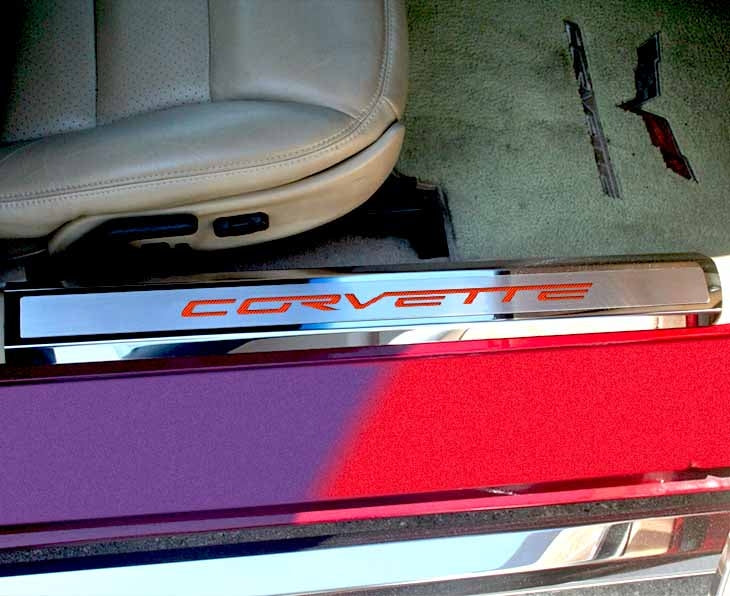 Dim Gray 2005-2013 C6 Corvette - Inner Door Sills CORVETTE Lettering - Stainless Steel