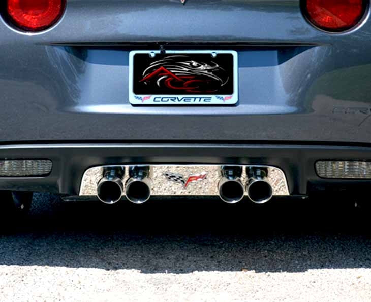 Dark Slate Gray 2005-2013 C6 Corvette - Polished Exhaust Filler Panel with C6 Emblem, Stock - Stainless Steel