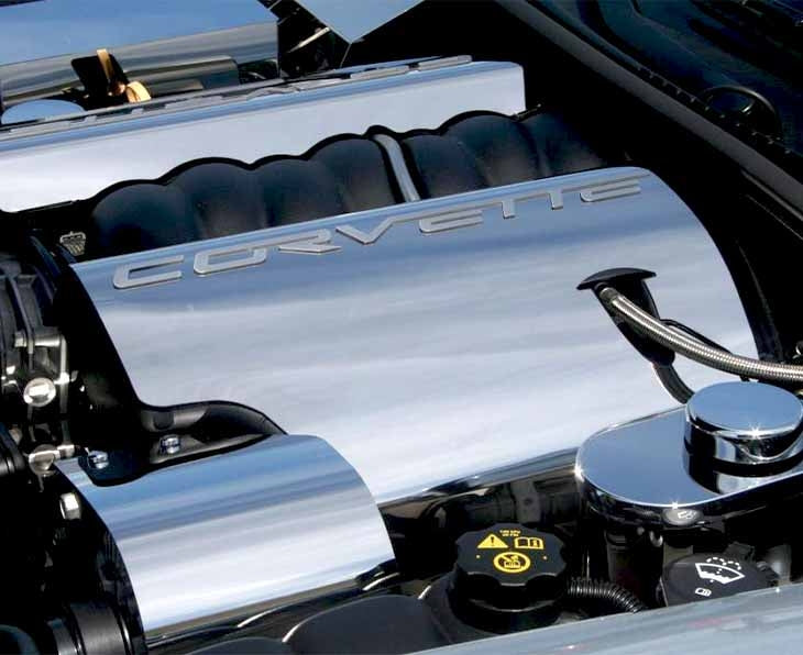 Light Gray 2005-2007 C6 Corvette - Fuel Rail Covers w/CORVETTE script | Polished Stainless Steel