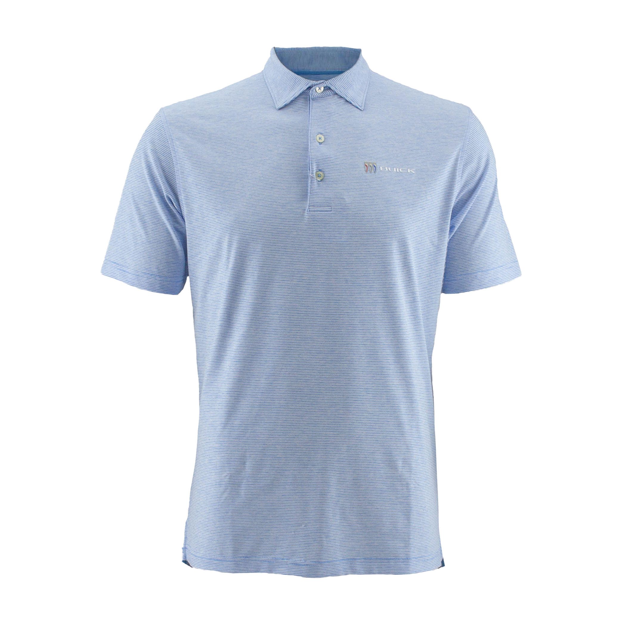 A striped blue and white men's polo shirt with the Buick logo on the chest.