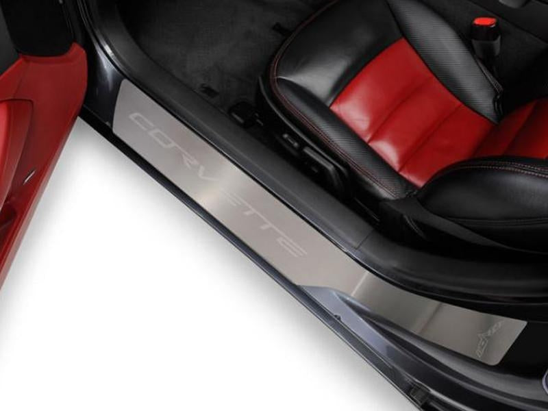 Black 2005-2013 C6 -'Corvette' Laser Etched Full Length Outer Door Sills 2Pc | Stainless Steel
