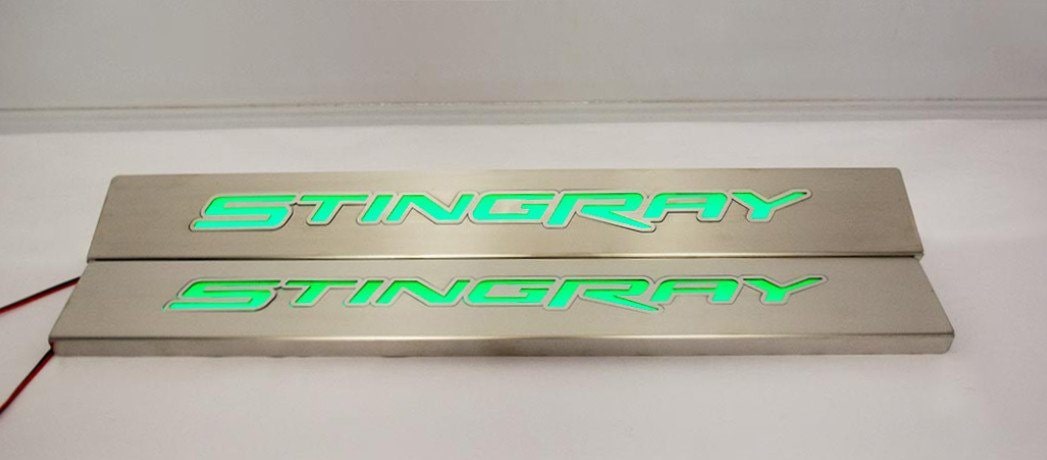 Dark Gray 2014-2019 C7 Corvette - LED Replacement Door Sills 2PC - Brushed Stainless Steel