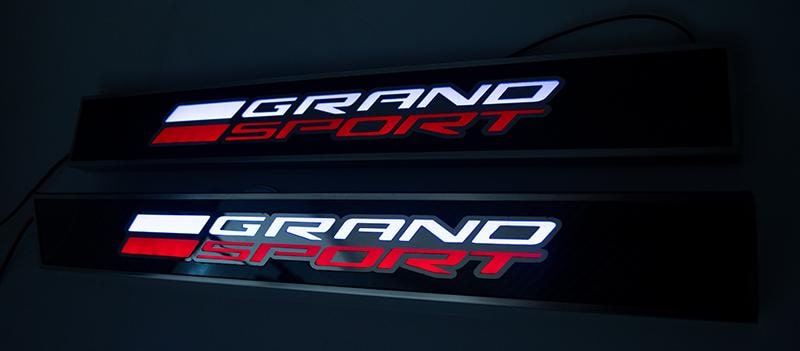 Black 2014-2019 C7 Corvette - Light Up GRAND SPORT Replacement Door Sills 2Pc - Carbon Fiber w/Stainless Trim