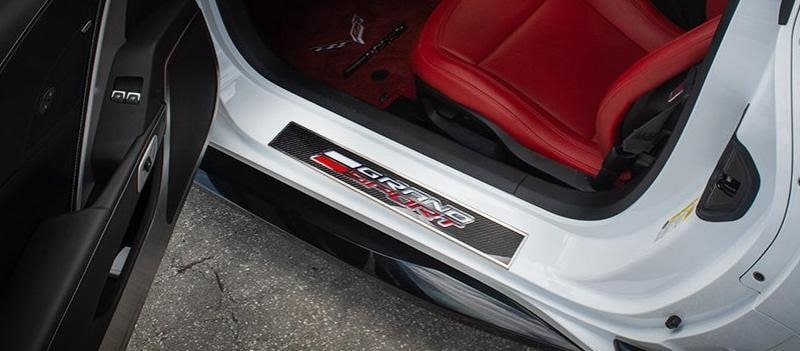Black 2014-2019 C7 Corvette - Light Up GRAND SPORT Replacement Door Sills 2Pc - Carbon Fiber w/Stainless Trim