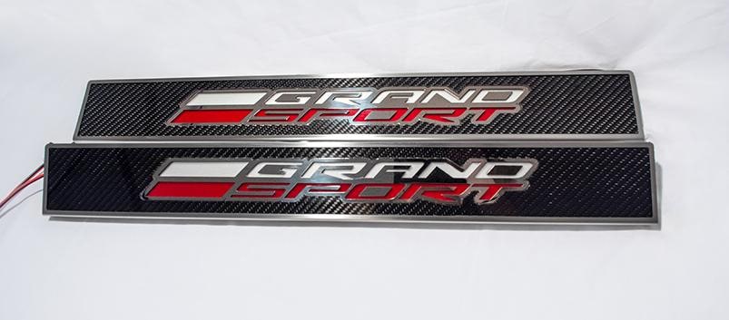 Dark Slate Gray 2014-2019 C7 Corvette - Light Up GRAND SPORT Replacement Door Sills 2Pc - Carbon Fiber w/Stainless Trim