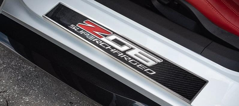 Light Gray 2014-2019 C7 Corvette - Light Up Z06 SUPERCHARGED Replacement Door Sills 2Pc - Carbon Fiber w/Stainless Trim