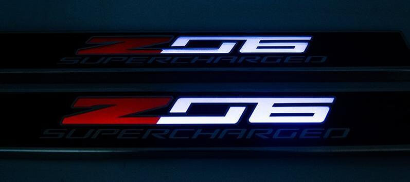 Black 2014-2019 C7 Corvette - Light Up Z06 SUPERCHARGED Replacement Door Sills 2Pc - Carbon Fiber w/Stainless Trim