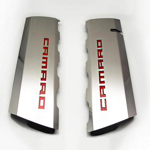Beige 2016-2021 Camaro SS - Fuel Rail Cover Overlays with CAMARO Cutout 2Pc - Polished Stainless Steel