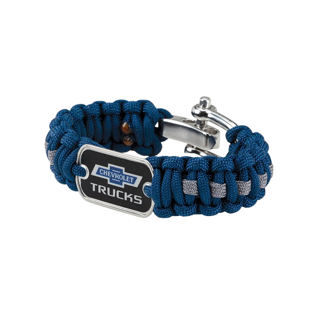 Blue paracord bracelet with a Chevrolet Trucks logo on a white background