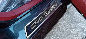 2020-2024 C8 Corvette - Replacement Door Sills Carbon Fiber with Brushed Stainless Steel 'Stingray' Style Insert Carbon Fiber