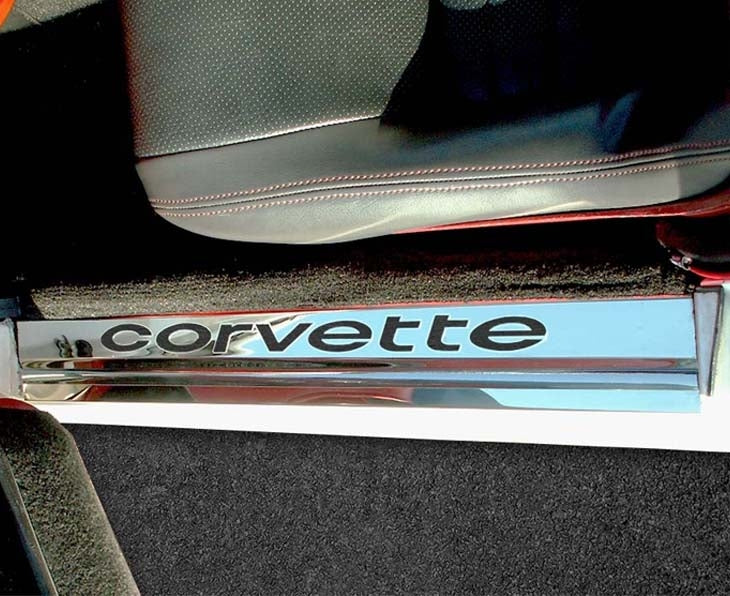 Dark Slate Gray 1978-1982 C3 Corvette Door Sills w/Corvette Vinyl Inlay Lettering 2PC - Polished Stainless