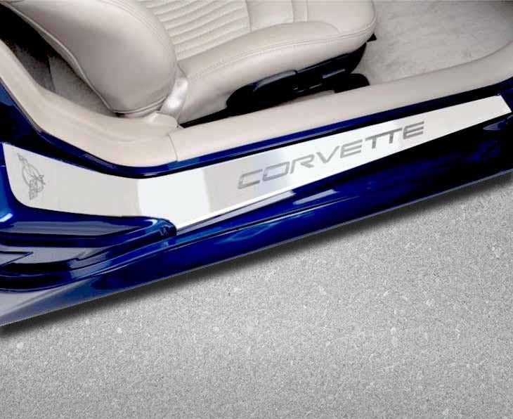 Gray 1997-2004 C5/Z06 Corvette - Outer Door Sills Etched C5 Logo & CORVETTE Lettering 2Pc - Brushed Stainless
