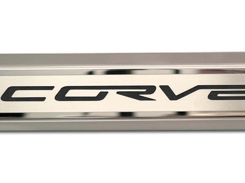 Gray 2005-2013 C6 Corvette - Inner Door Sills CORVETTE Lettering - Stainless Steel