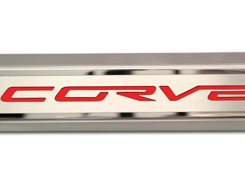 Gray 2005-2013 C6 Corvette - Inner Door Sills CORVETTE Lettering - Stainless Steel