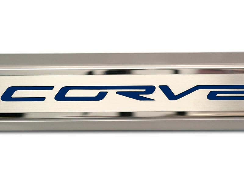 Gray 2005-2013 C6 Corvette - Inner Door Sills CORVETTE Lettering - Stainless Steel