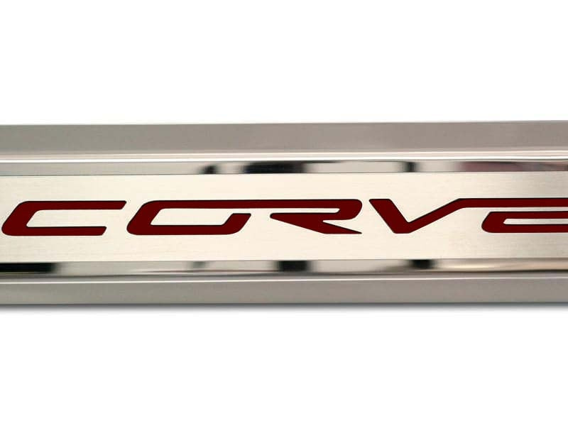 Gray 2005-2013 C6 Corvette - Inner Door Sills CORVETTE Lettering - Stainless Steel