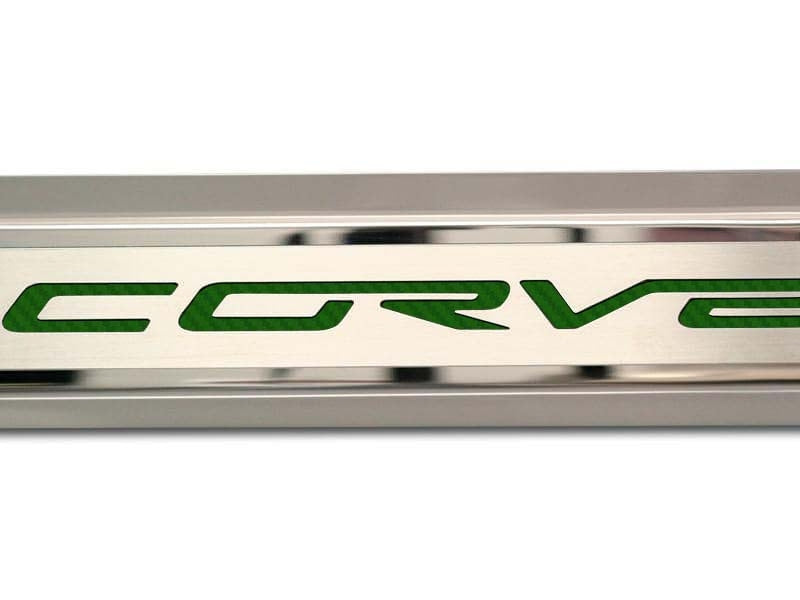 Gray 2005-2013 C6 Corvette - Inner Door Sills CORVETTE Lettering - Stainless Steel