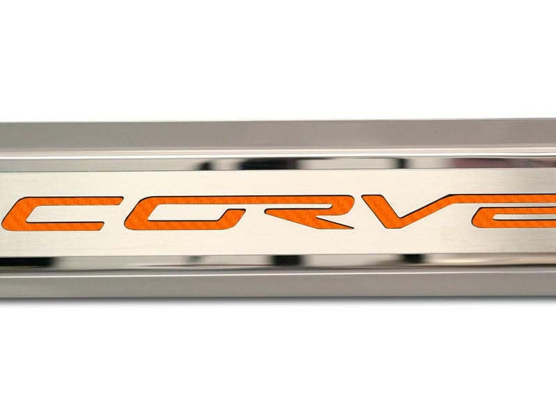 Gray 2005-2013 C6 Corvette - Inner Door Sills CORVETTE Lettering - Stainless Steel