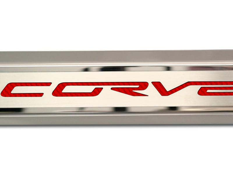 Gray 2005-2013 C6 Corvette - Inner Door Sills CORVETTE Lettering - Stainless Steel