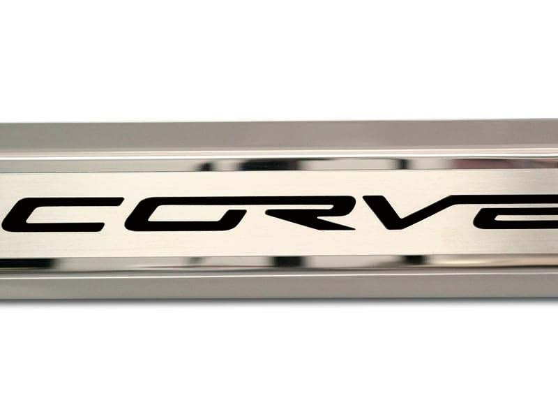 Gray 2005-2013 C6 Corvette - Inner Door Sills CORVETTE Lettering - Stainless Steel