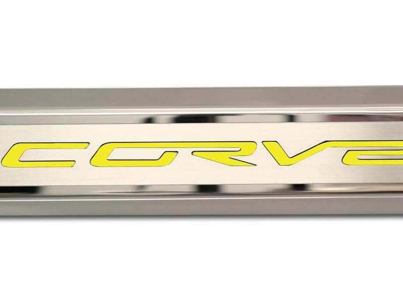 Gray 2005-2013 C6 Corvette - Inner Door Sills CORVETTE Lettering - Stainless Steel