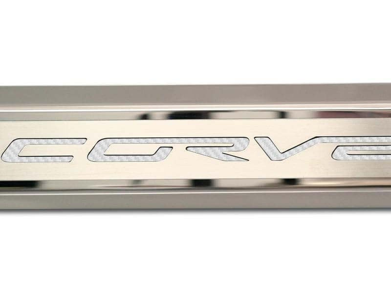 Light Gray 2005-2013 C6 Corvette - Inner Door Sills CORVETTE Lettering - Stainless Steel