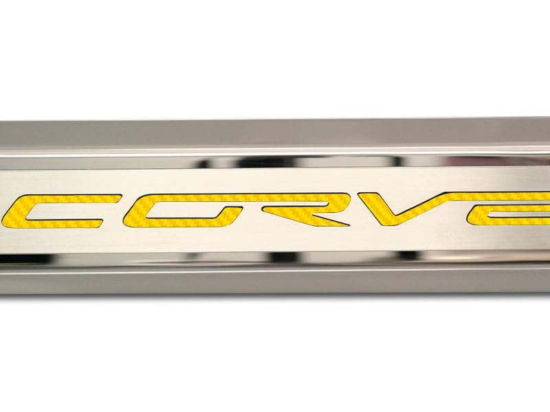 Gray 2005-2013 C6 Corvette - Inner Door Sills CORVETTE Lettering - Stainless Steel
