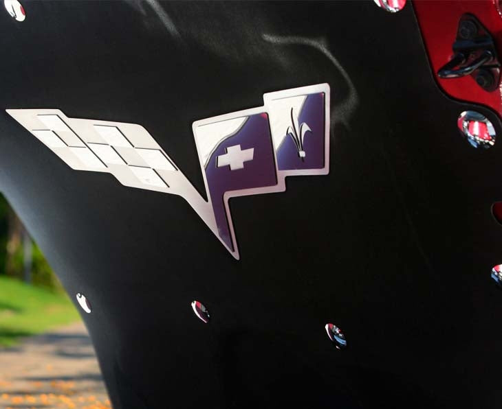 Black 2005-2013 C6 Corvette - Hood Badge C6 Crossed Flags for Factory Hood Pad - Stainless Steel