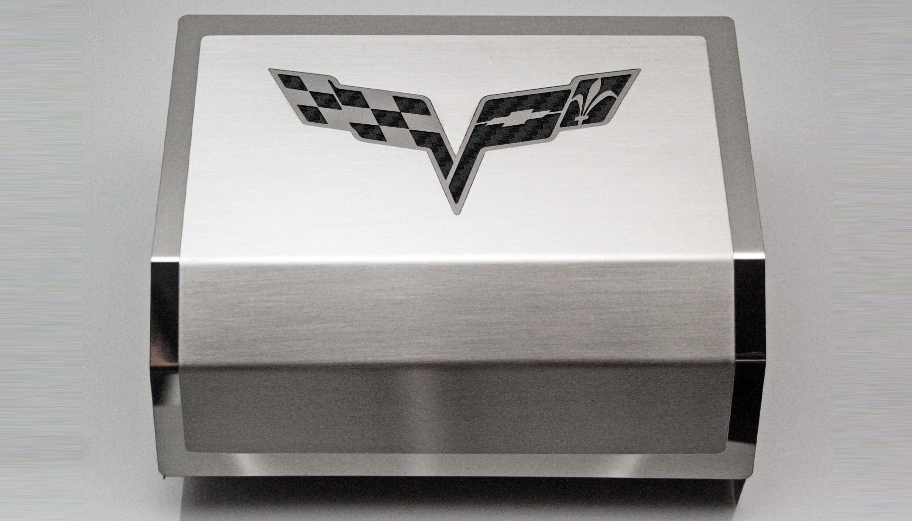 Gray 2005-2013 C6 Corvette - Deluxe Fuse Box Cover w/Crossed Flags Emblem - Stainless Steel
