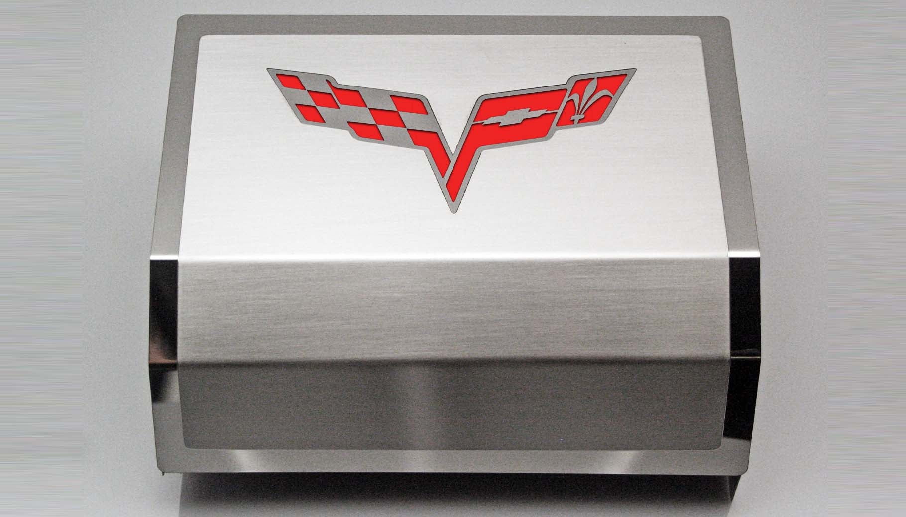 Gray 2005-2013 C6 Corvette - Deluxe Fuse Box Cover w/Crossed Flags Emblem - Stainless Steel