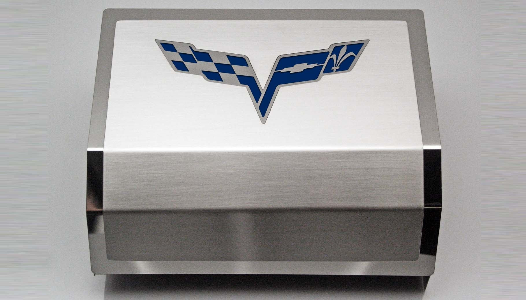 Gray 2005-2013 C6 Corvette - Deluxe Fuse Box Cover w/Crossed Flags Emblem - Stainless Steel