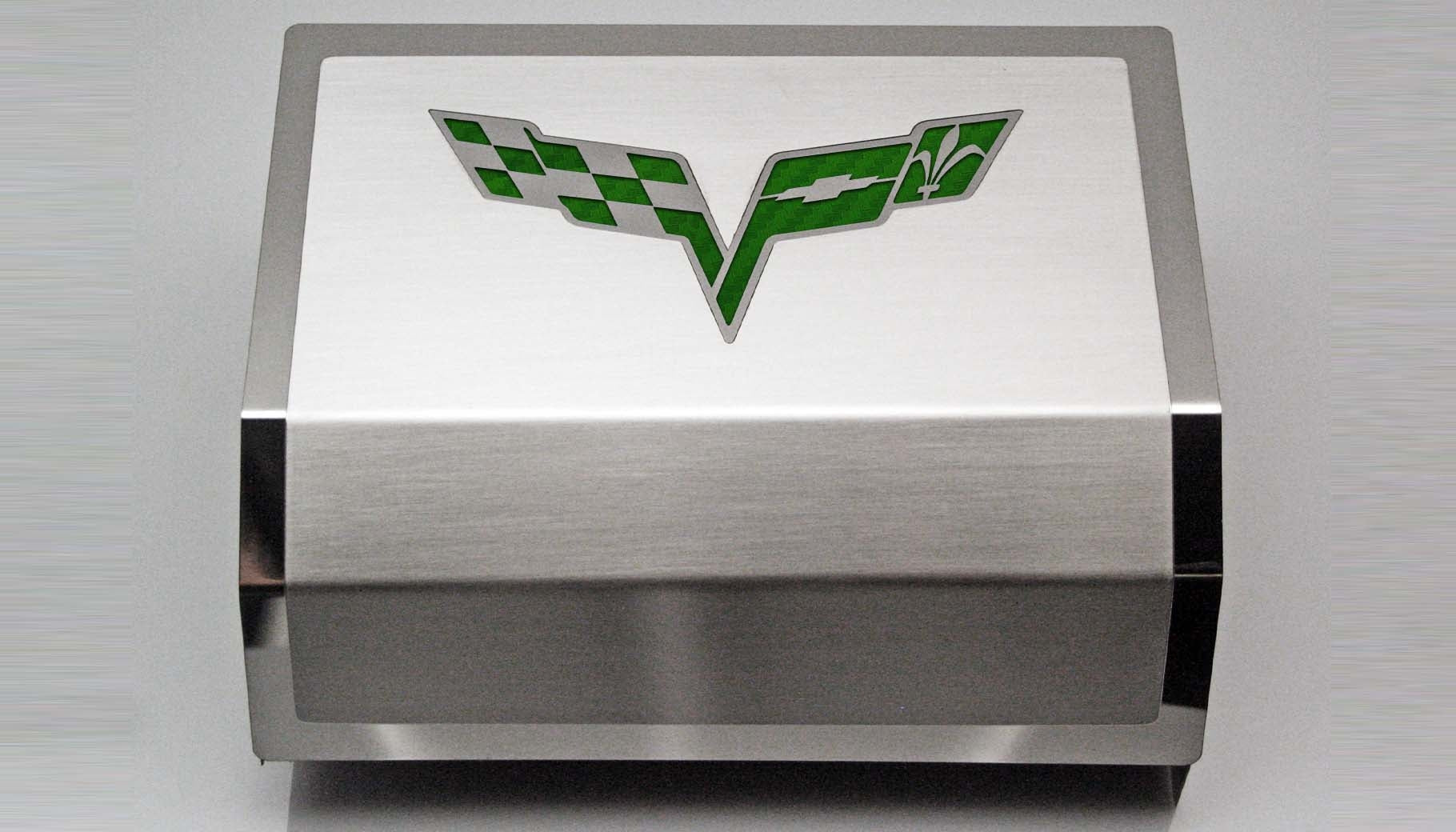 Gray 2005-2013 C6 Corvette - Deluxe Fuse Box Cover w/Crossed Flags Emblem - Stainless Steel