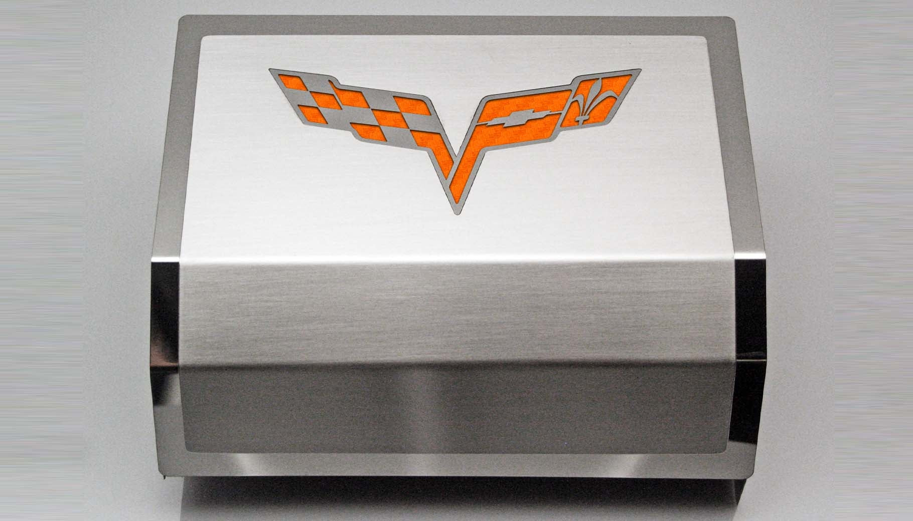 Gray 2005-2013 C6 Corvette - Deluxe Fuse Box Cover w/Crossed Flags Emblem - Stainless Steel