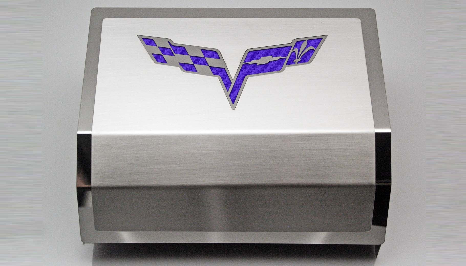 Gray 2005-2013 C6 Corvette - Deluxe Fuse Box Cover w/Crossed Flags Emblem - Stainless Steel
