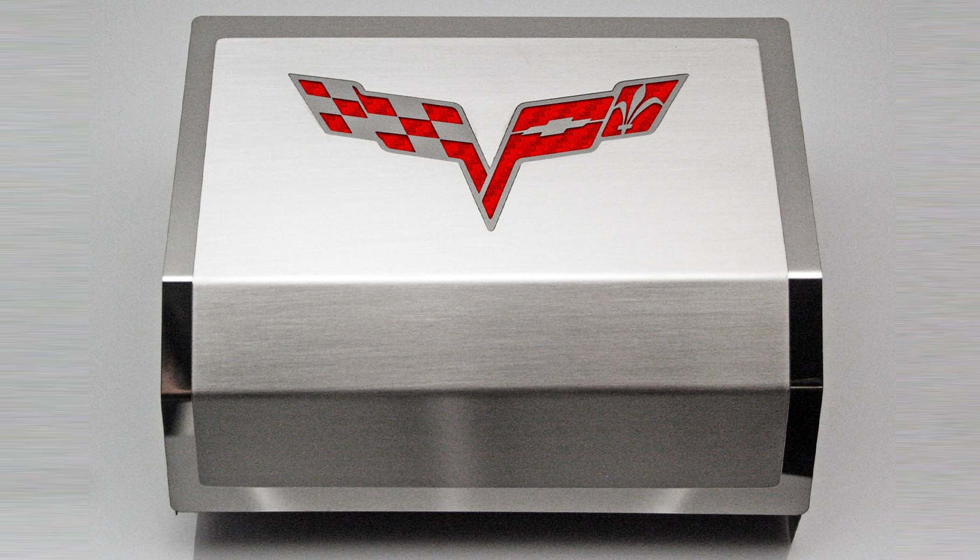 2005-2013 C6 Corvette - Deluxe Fuse Box Cover w/Crossed Flags Emblem - Stainless Steel