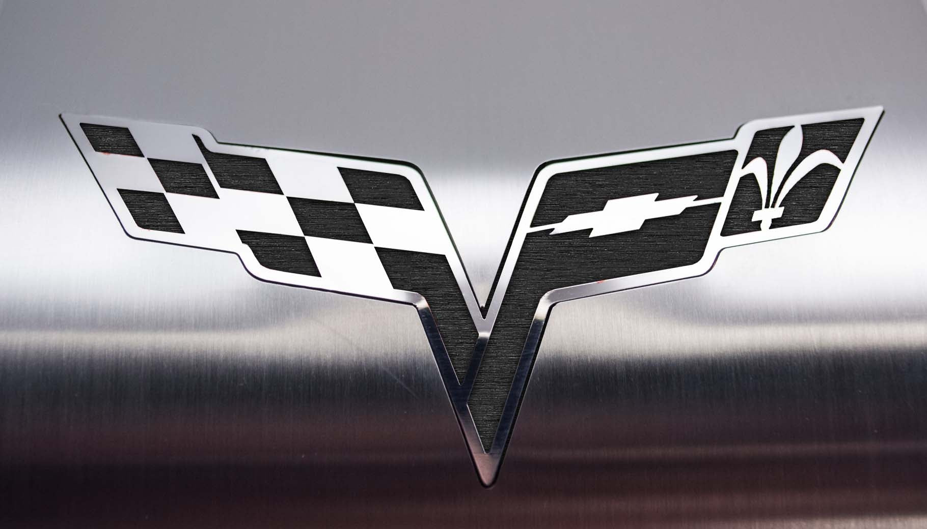 Dark Slate Gray 2005-2013 C6 Corvette - Deluxe Alternator Cover w/Crossed Flags Emblem - Stainless Steel