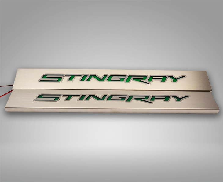 Gray 2014-2019 C7 Corvette - LED Replacement Door Sills 2PC - Brushed Stainless Steel