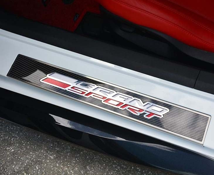 Light Gray 2014-2019 C7 Corvette - Light Up GRAND SPORT Replacement Door Sills 2Pc - Carbon Fiber w/Stainless Trim