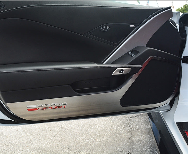 Gray 2014-2019 Grand Sport Corvette - Door Guards with GRAND SPORT Lettering 2Pc - Stainless Steel
