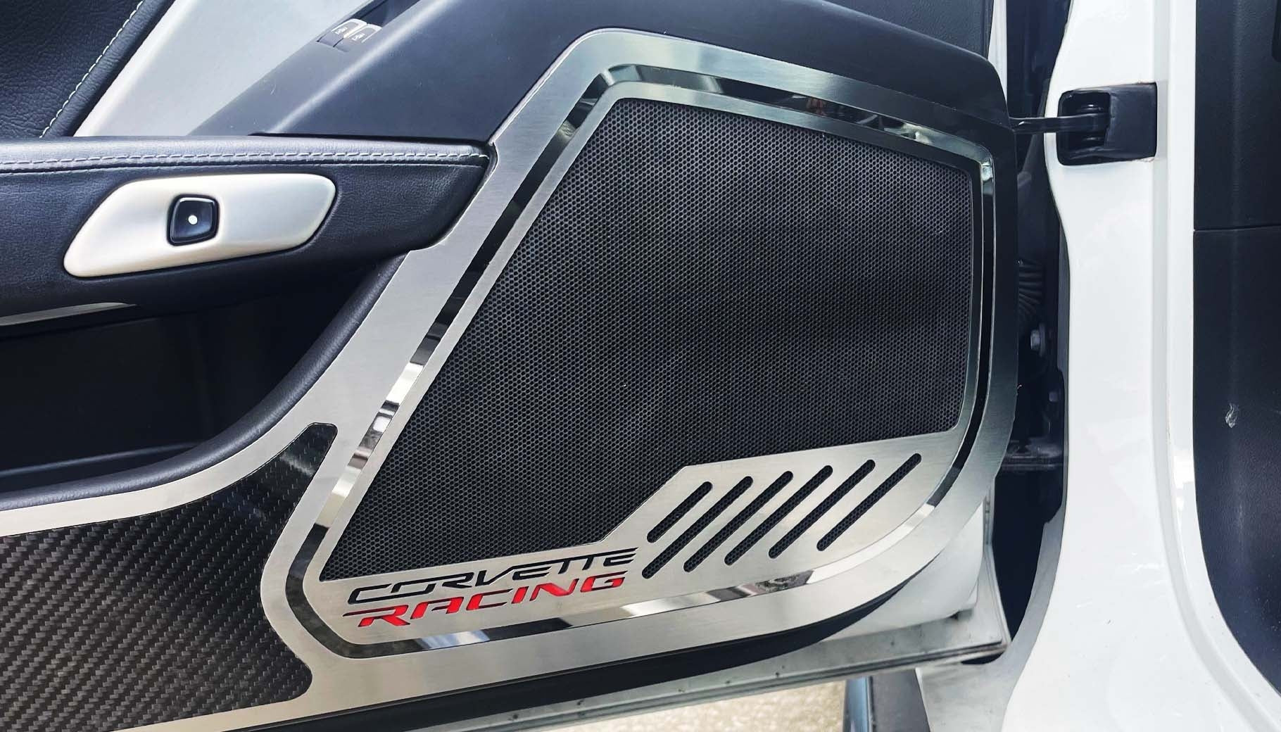 Light Gray 2014-2019 C7 Corvette Stingray - Car Door Speaker Trim Rings CORVETTE RACING Style - Stainless Steel