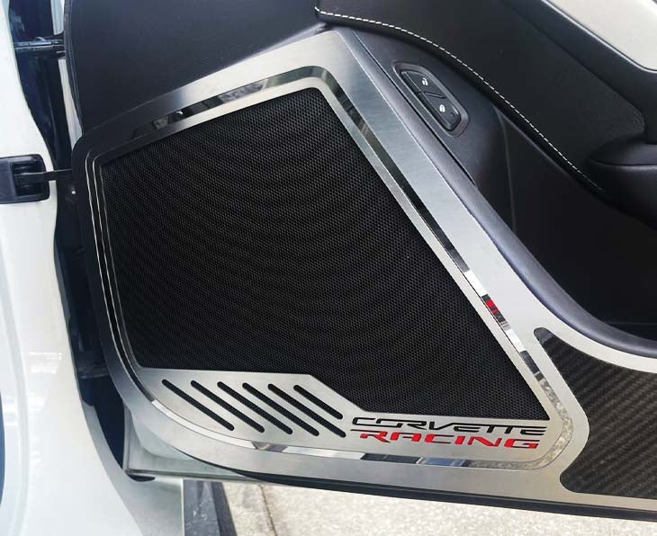 Light Gray 2014-2019 C7 Corvette Stingray - Car Door Speaker Trim Rings CORVETTE RACING Style - Stainless Steel