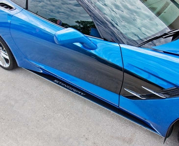 Steel Blue 2014-2019 C7 Corvette - Carbon Fiber Side Skirts w/ STINGRAY Lettering 2P-| Carbon Fiber/Stainless Steel