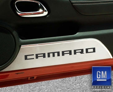 Gray 2010-2015 Camaro - Door Panel Kick Plates 'CAMARO' 2Pc - Brushed Stainless