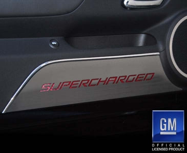Black 2010-2015 Camaro - Door Panel Kick Plates 'SUPERCHARGED' 2Pc - Brushed Stainless