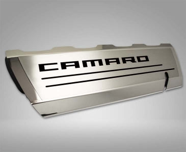 Gray 2016-2021 Camaro SS - Fuel Rail Cover Overlays with CAMARO Cutout 2Pc - Polished Stainless Steel