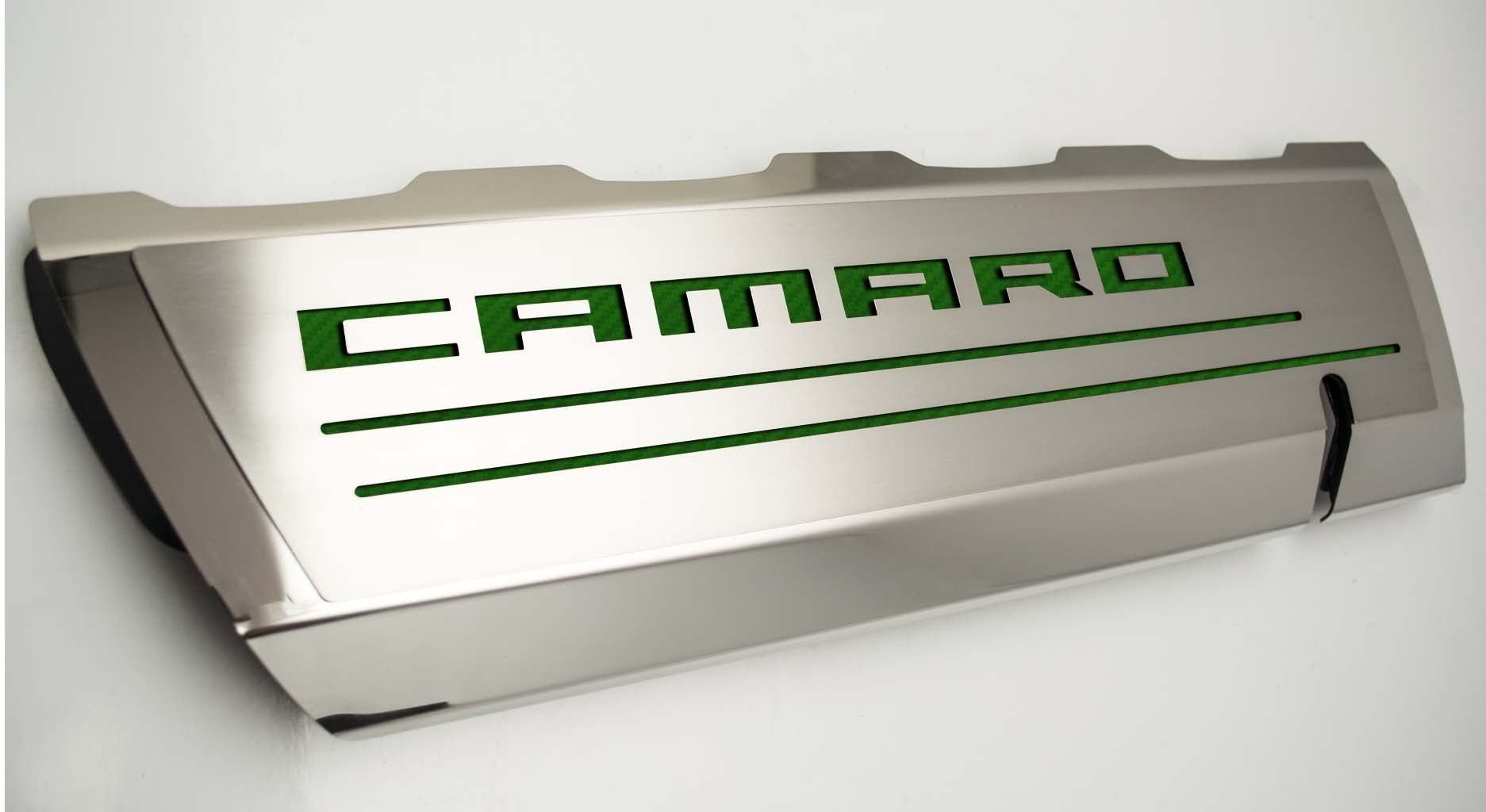Light Gray 2016-2021 Camaro SS - Fuel Rail Cover Overlays with CAMARO Cutout 2Pc - Polished Stainless Steel