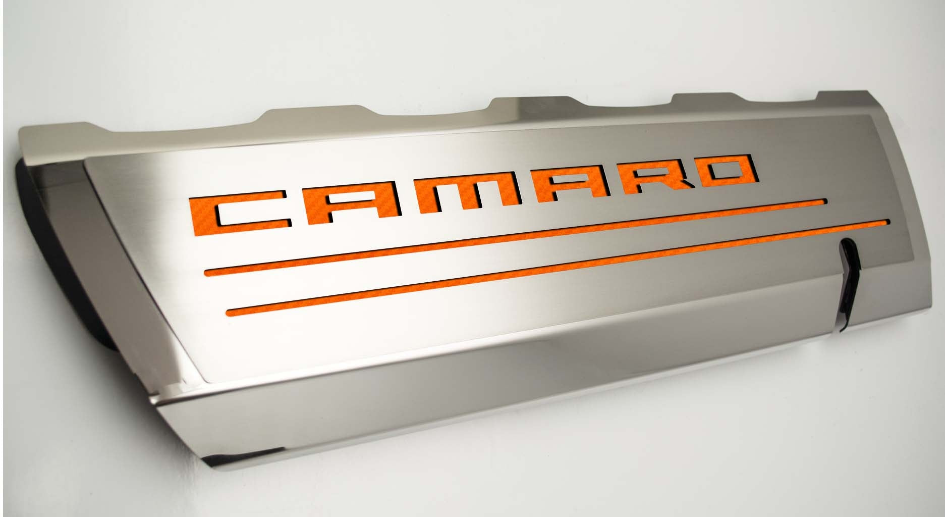 Light Gray 2016-2021 Camaro SS - Fuel Rail Cover Overlays with CAMARO Cutout 2Pc - Polished Stainless Steel