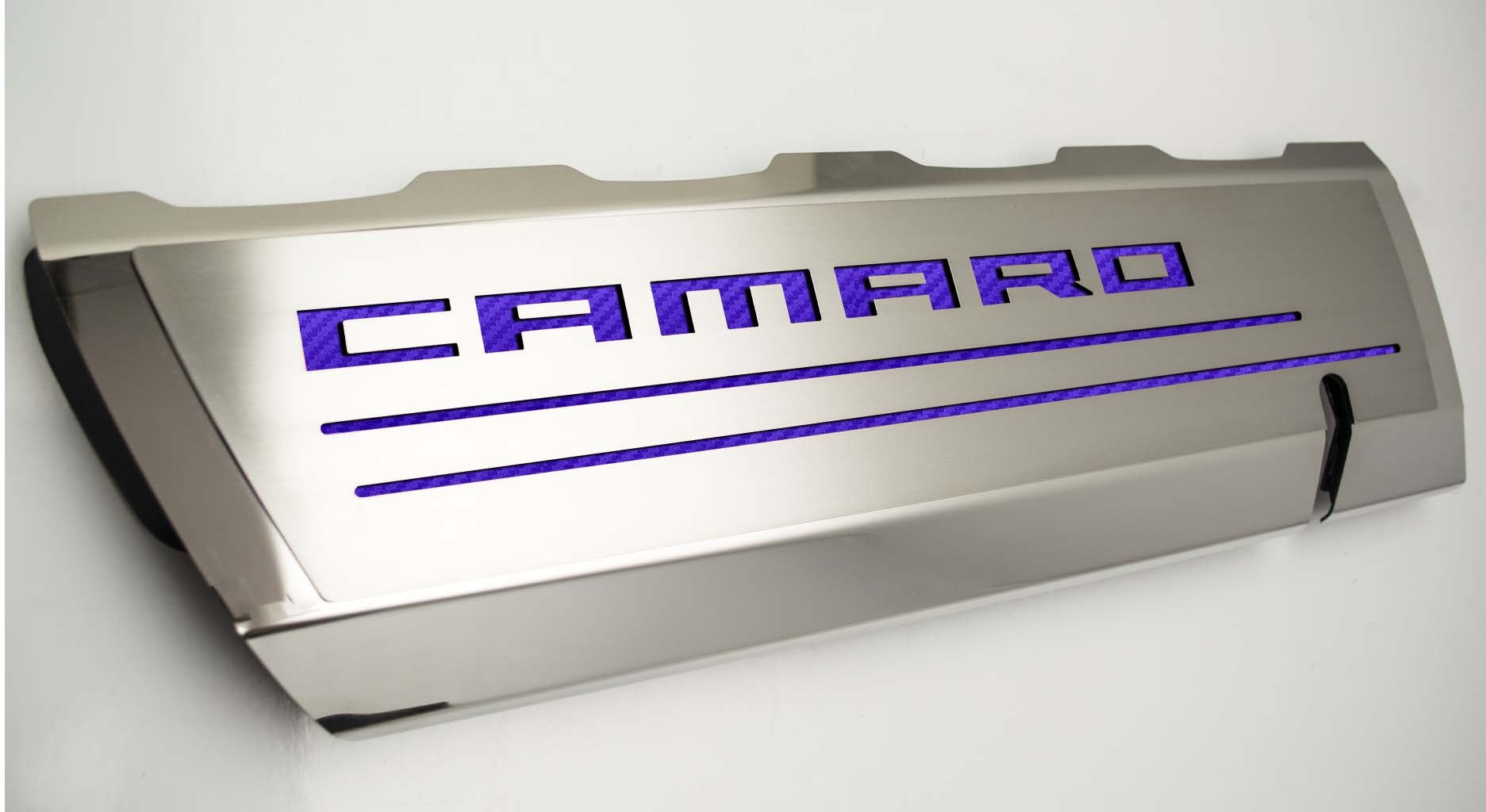 Light Gray 2016-2021 Camaro SS - Fuel Rail Cover Overlays with CAMARO Cutout 2Pc - Polished Stainless Steel