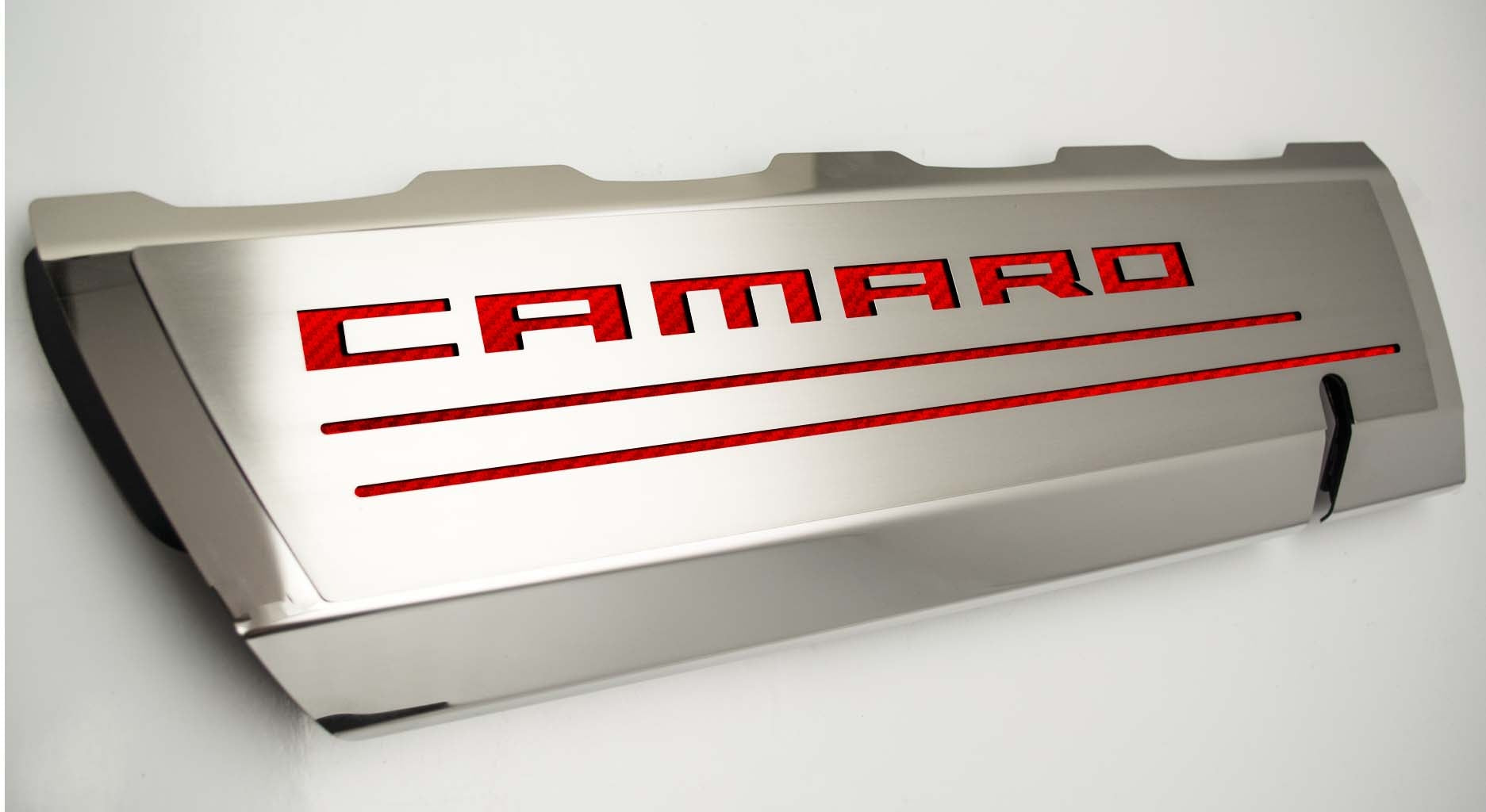 Light Gray 2016-2021 Camaro SS - Fuel Rail Cover Overlays with CAMARO Cutout 2Pc - Polished Stainless Steel